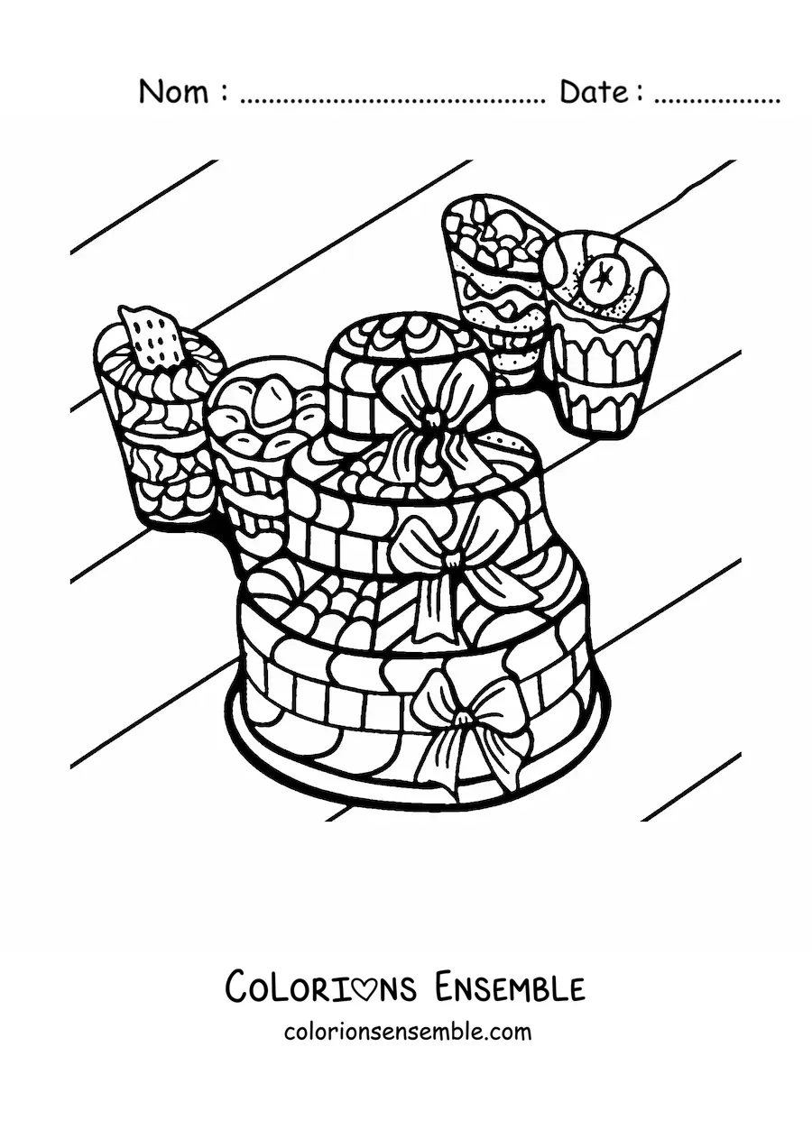 Image à colorier d'un gâteau à côté de plusieurs desserts