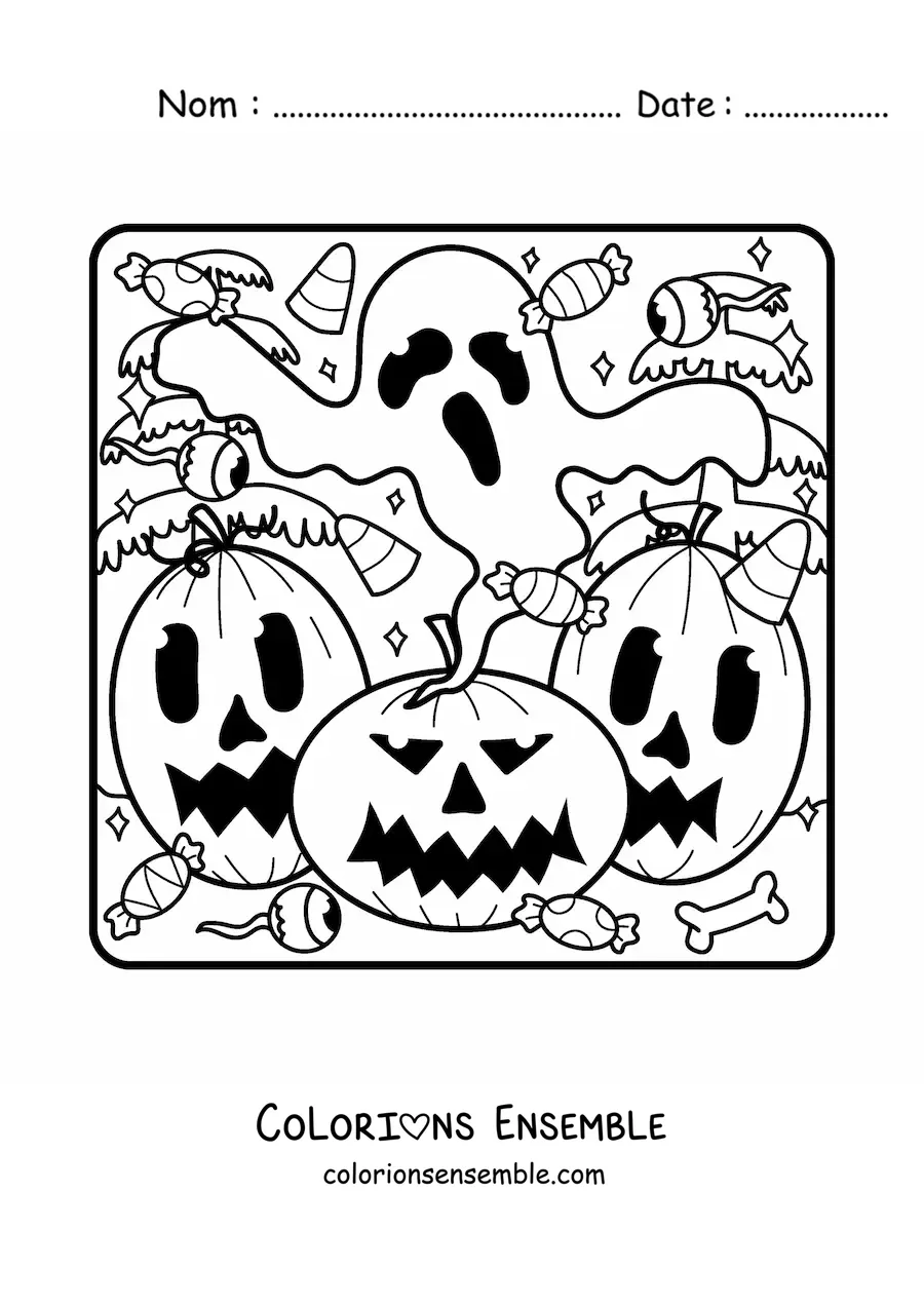 Image a colorier de citrouilles d’Halloween reunies avec un fantome