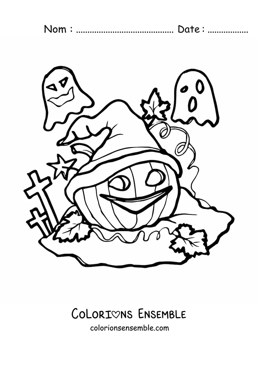 Image a colorier d’une citrouille d’Halloween geante avec un chapeau