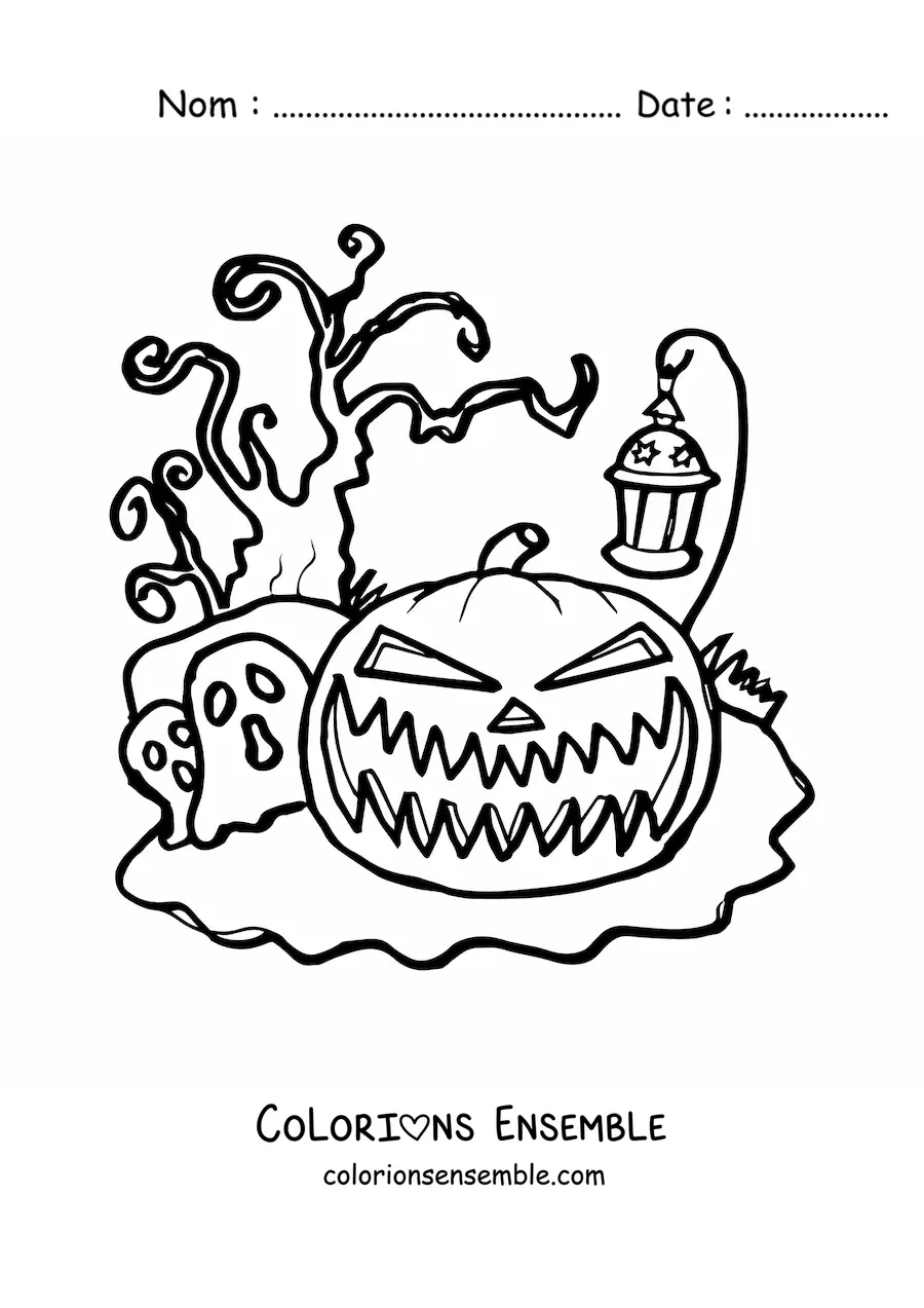 Image a colorier d’une citrouille d’Halloween effrayante avec une lanterne