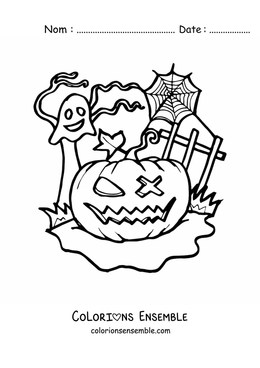 Image a colorier d’une citrouille d’Halloween effrayante avec un fantome et des toiles d’araignee