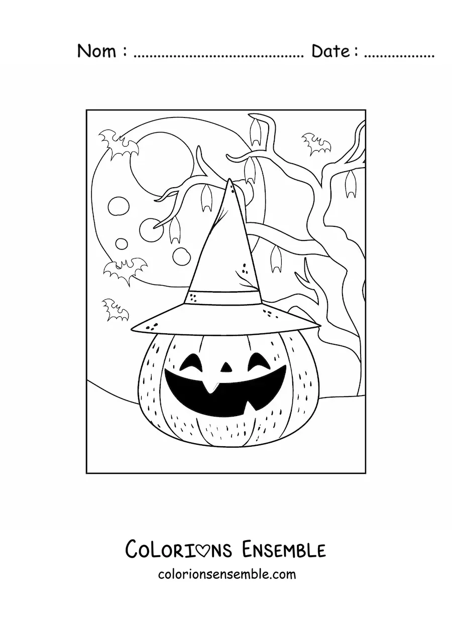 Image a colorier d’une citrouille d’Halloween kawaii avec un chapeau
