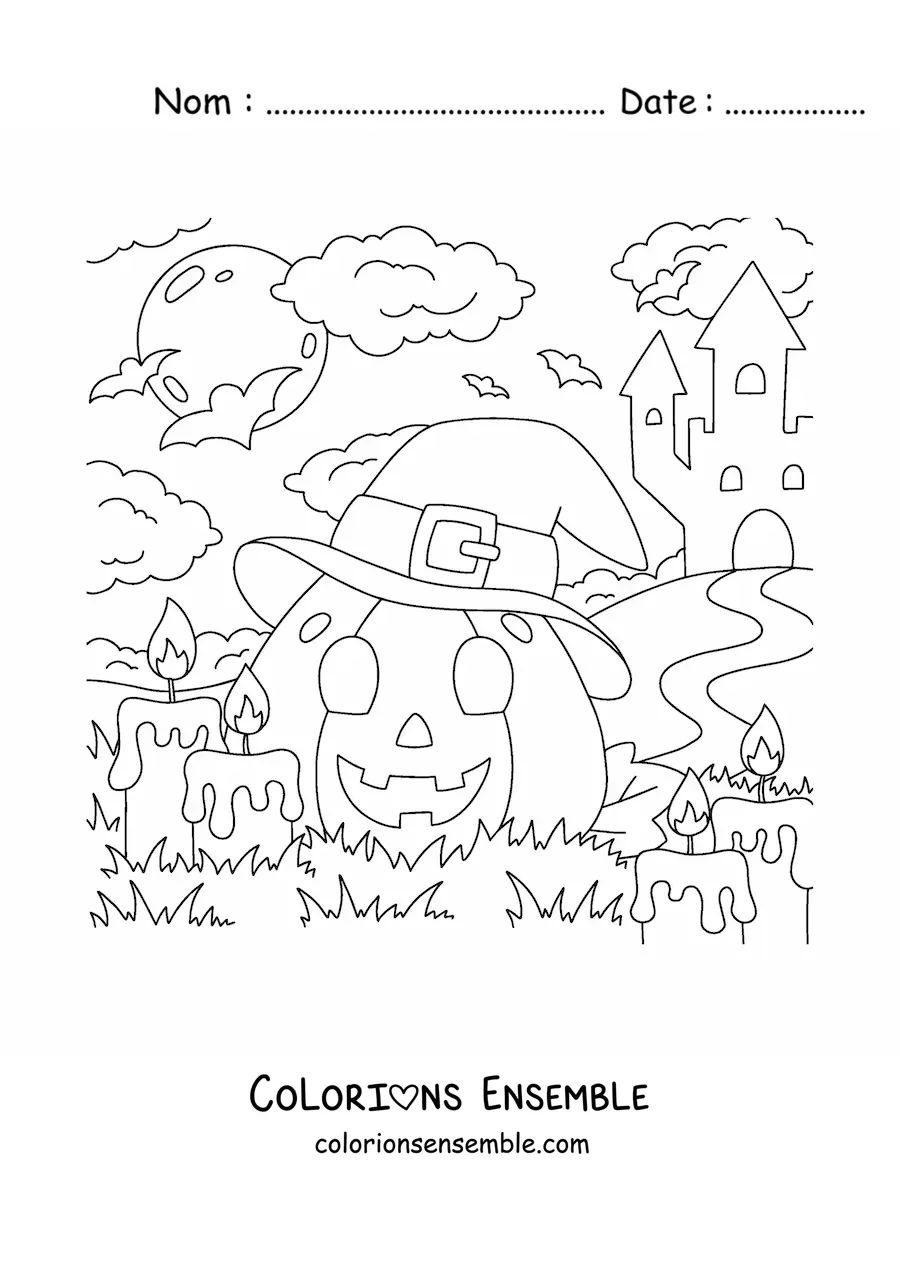 Image a colorier d’une citrouille d’Halloween kawaii avec un chapeau et des bougies