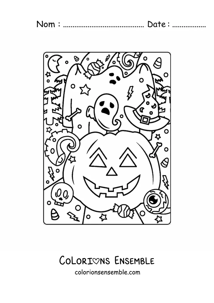 Image a colorier d’une jolie citrouille d’Halloween avec un fantome et des bonbons