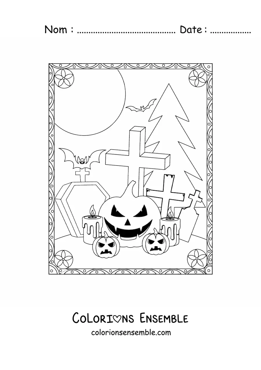 Image a colorier de citrouilles d’Halloween terrifiantes avec des tombes et des chauves-souris