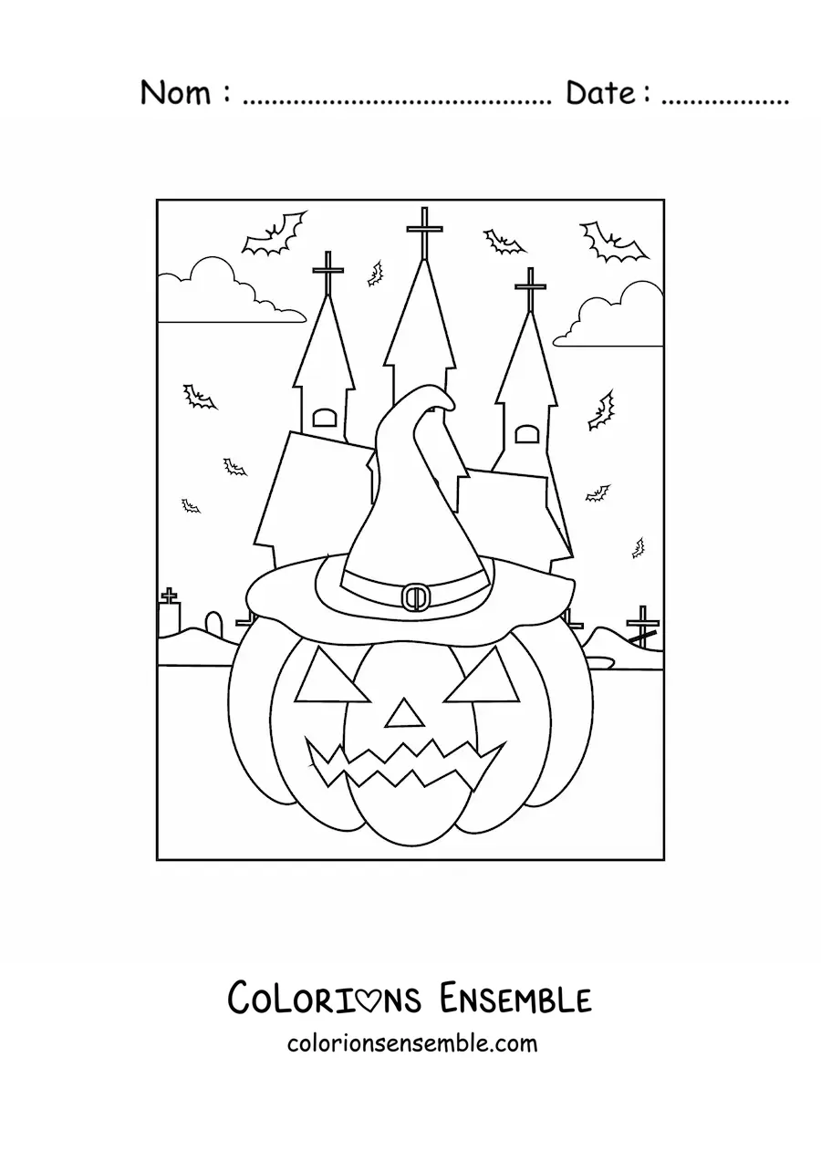 Image a colorier d’une citrouille d’Halloween simple avec un chapeau et des chauves-souris
