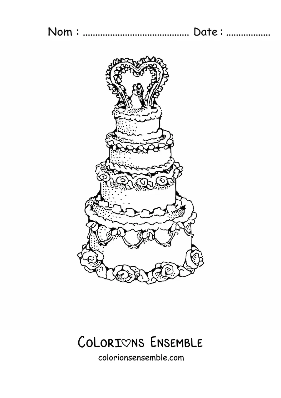 Image à colorier d'un gâteau de mariage décoré d'un cœur