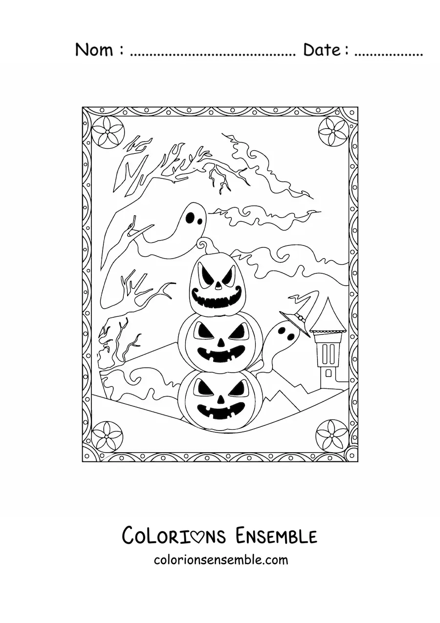 Image a colorier de citrouilles d’Halloween effrayantes avec des fantomes