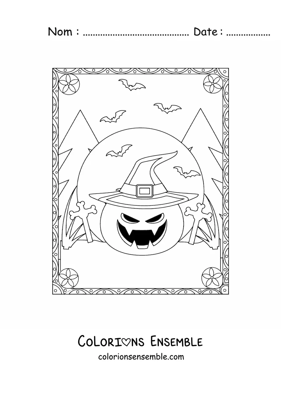 Image a colorier de citrouilles d’Halloween effrayantes avec un chapeau