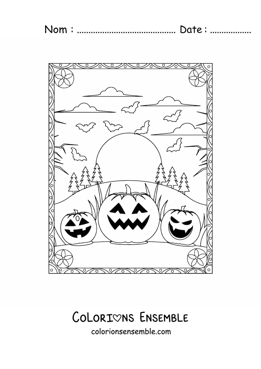 Image a colorier de citrouilles d’Halloween effrayantes avec des chauves-souris