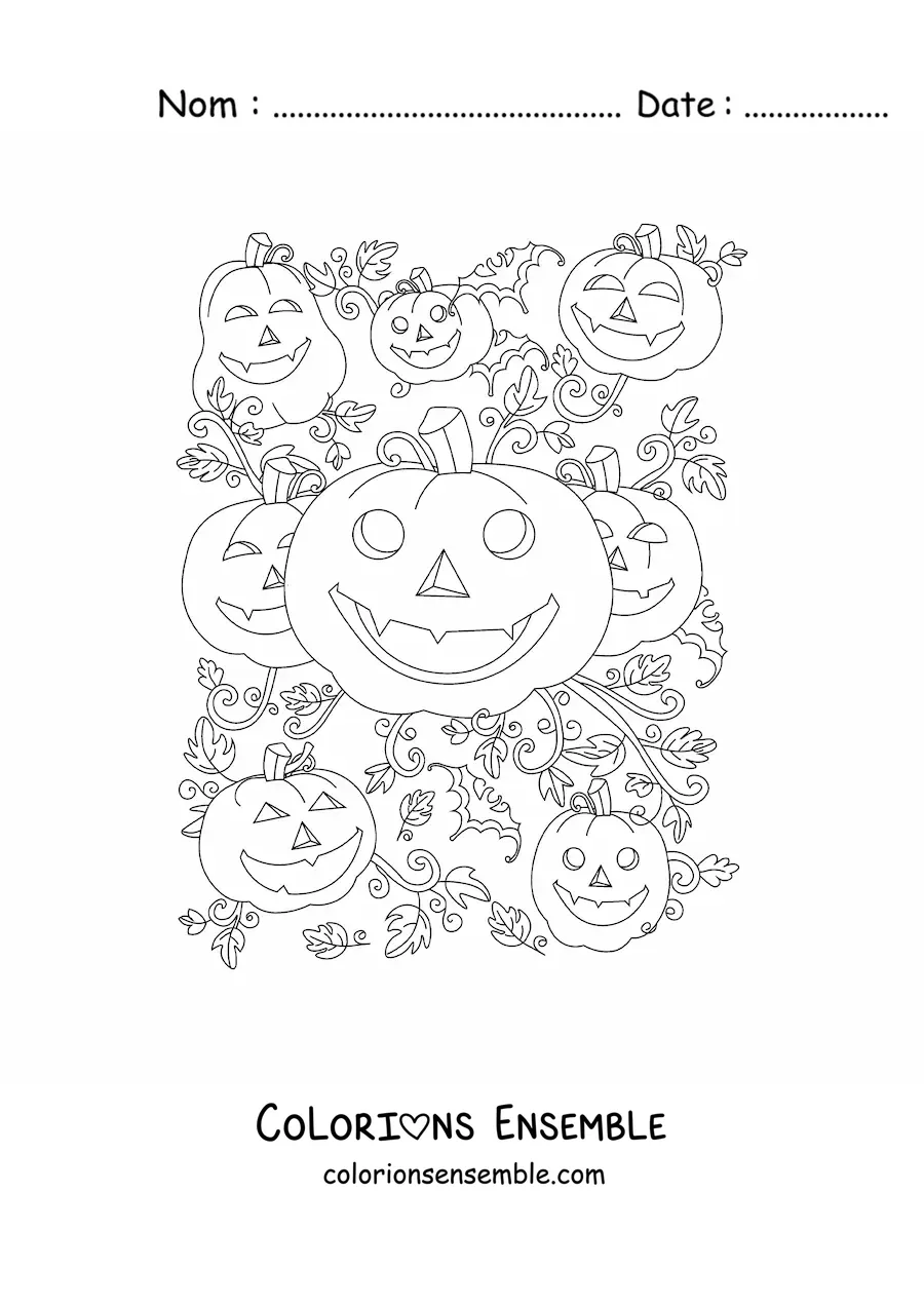 Image a colorier de belles citrouilles d’Halloween avec des feuilles d’automne