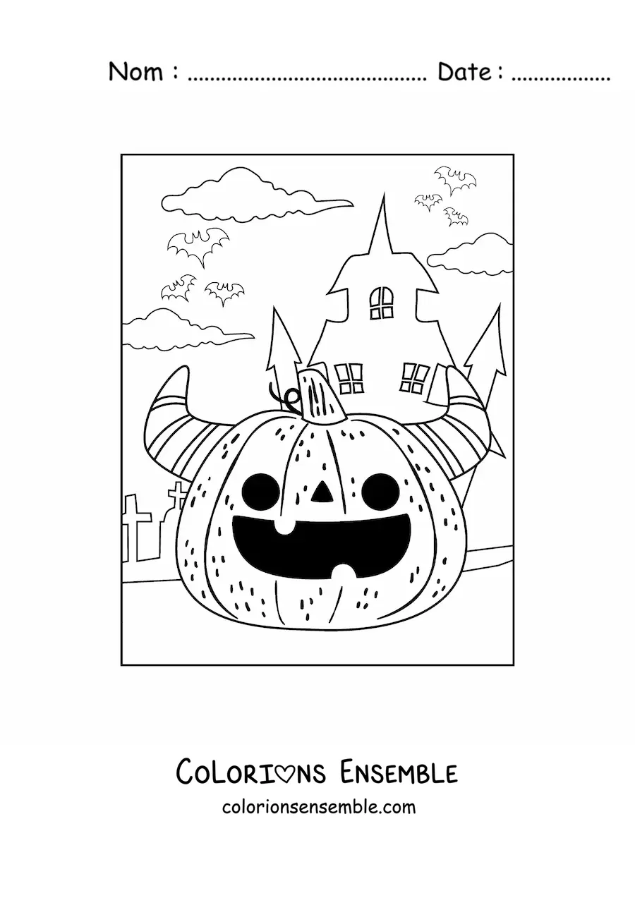 Image a colorier d’une citrouille d’Halloween terrifiante kawaii