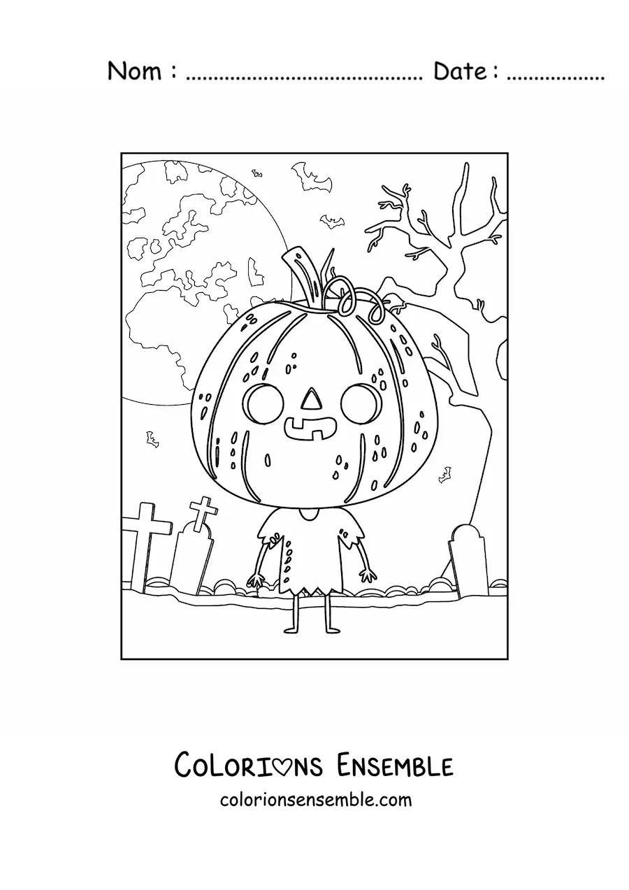 Image a colorier d’un personnage de dessin anime avec un masque de citrouille d’Halloween