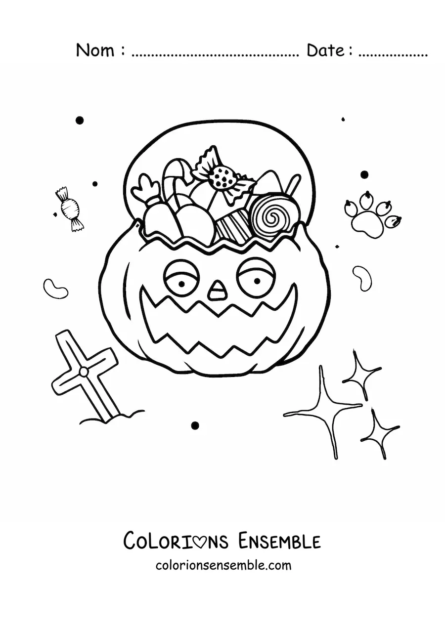 Image a colorier d’une citrouille d’Halloween en dessin anime avec des bonbons