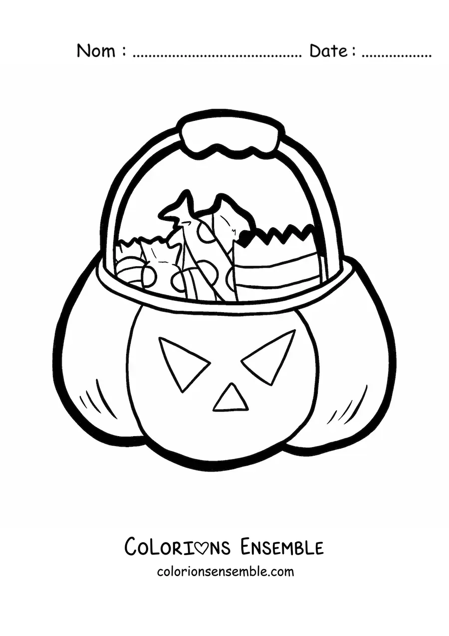 Image a colorier d’une grande citrouille d’Halloween avec des bonbons