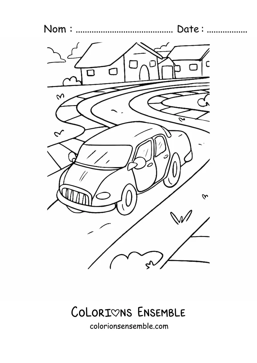 Image à colorier d’une voiture sur une route avec des maisons en arrière-plan