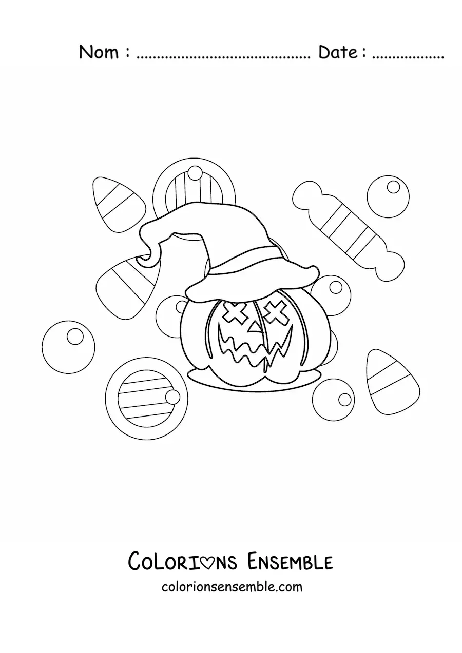 Image a colorier d’une citrouille d’Halloween simple avec un chapeau et des bonbons