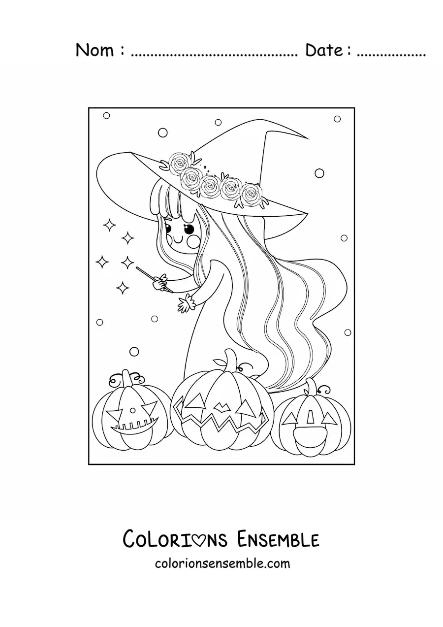 Image a colorier d’une sorciere kawaii avec des citrouilles d’Halloween
