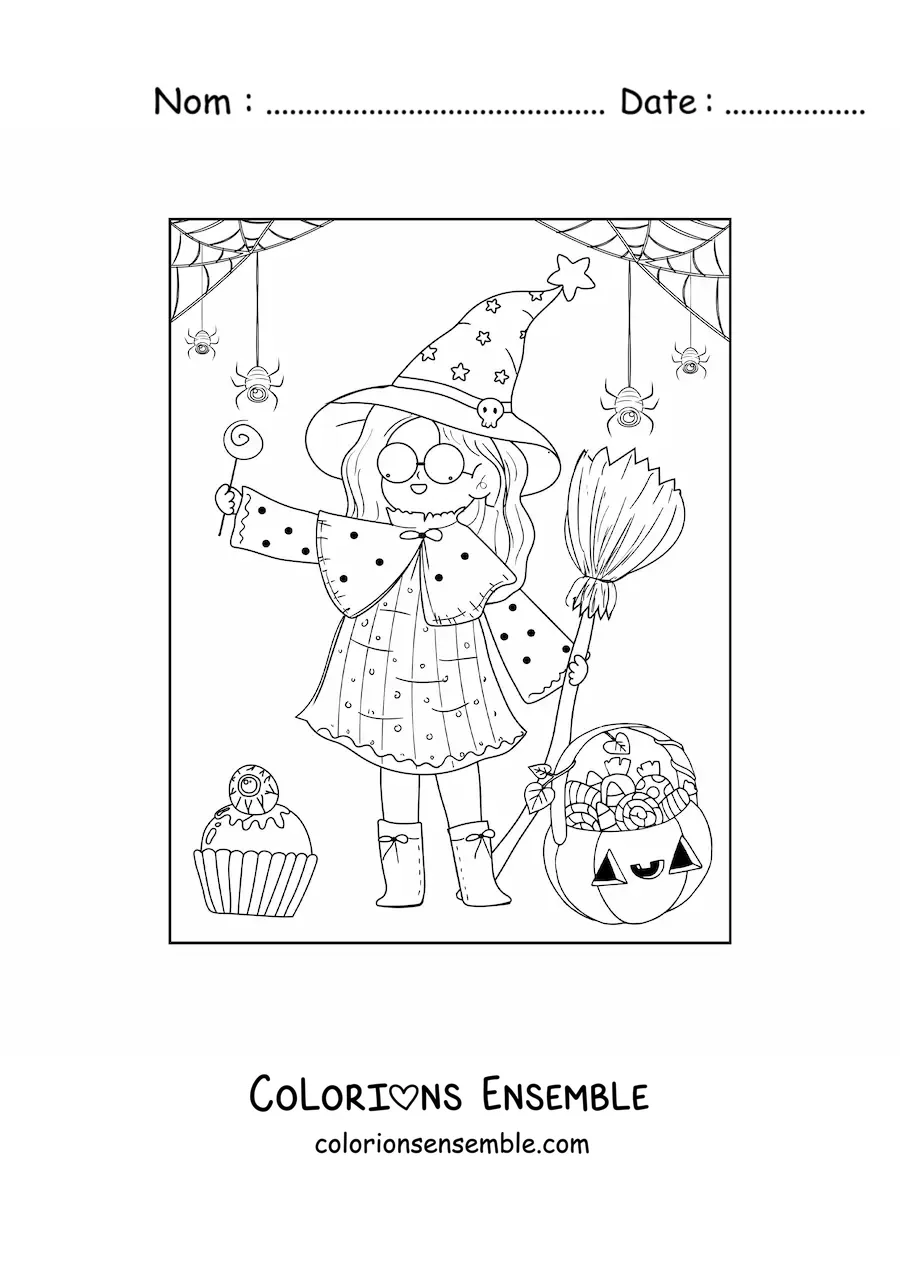 Image a colorier d’une sorciere d’Halloween kawaii avec des bonbons