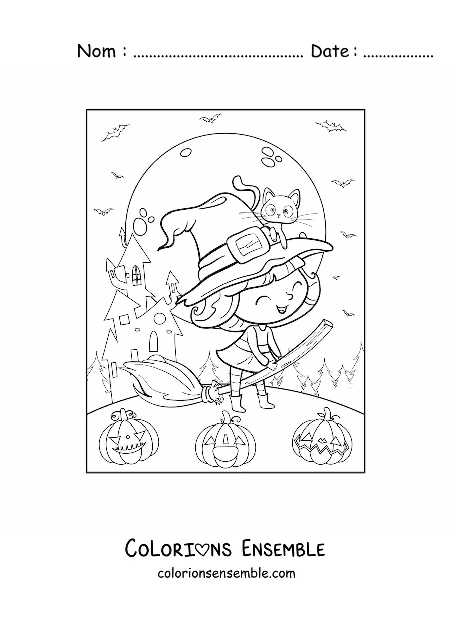 Image a colorier d’une gentille sorciere kawaii volant sur un balai avec un chat