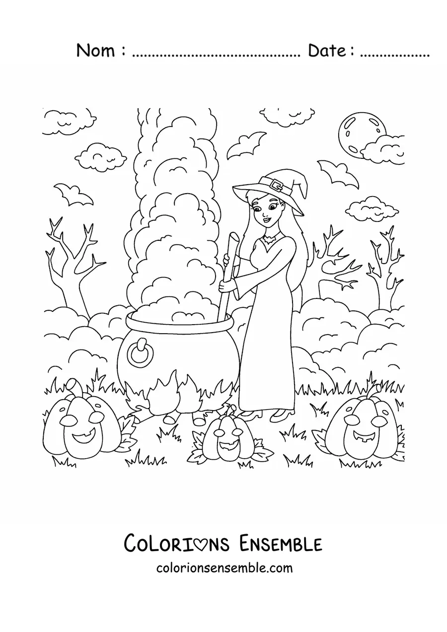 Image a colorier d’une jolie sorciere avec un chaudron