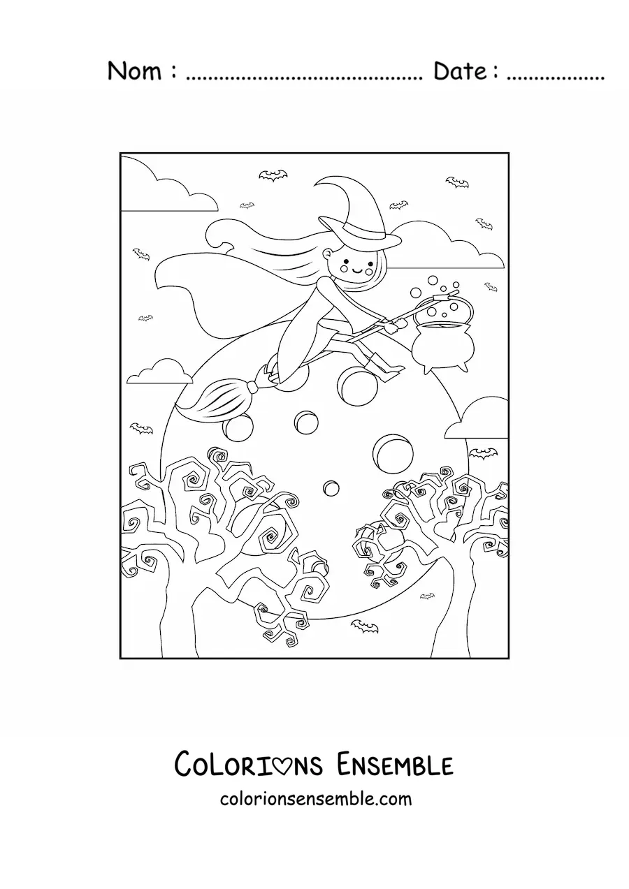 Image a colorier d’une petite sorciere kawaii en dessin anime volant avec une pleine lune
