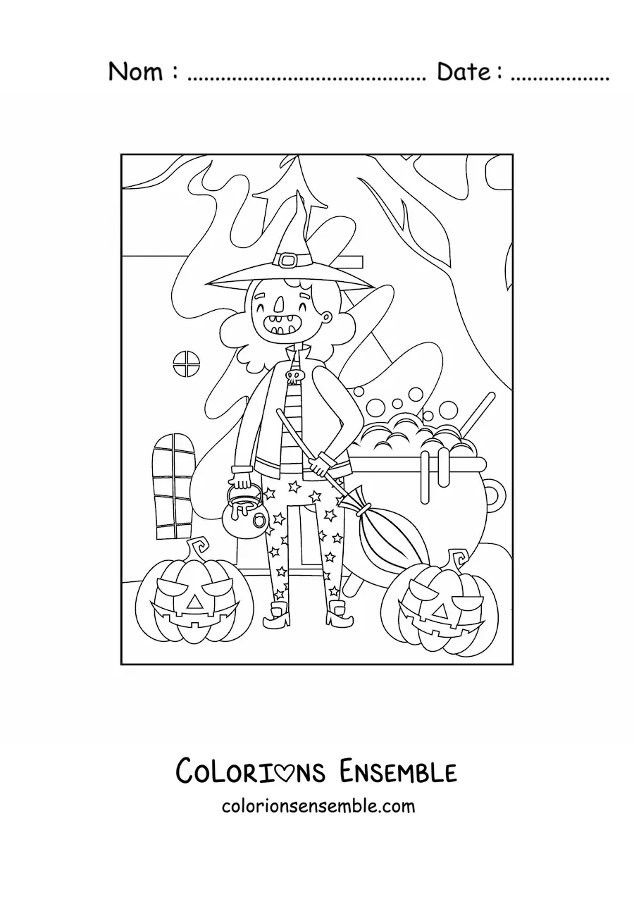 Image a colorier d’une petite sorciere en dessin anime avec un chaudron