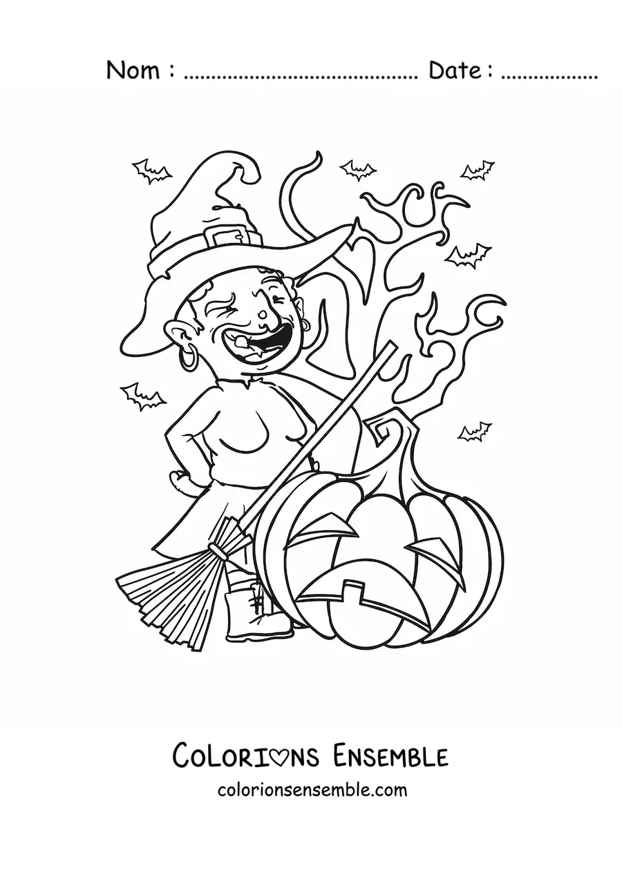 Image a colorier d’une vilaine sorciere en dessin anime avec une citrouille d’Halloween
