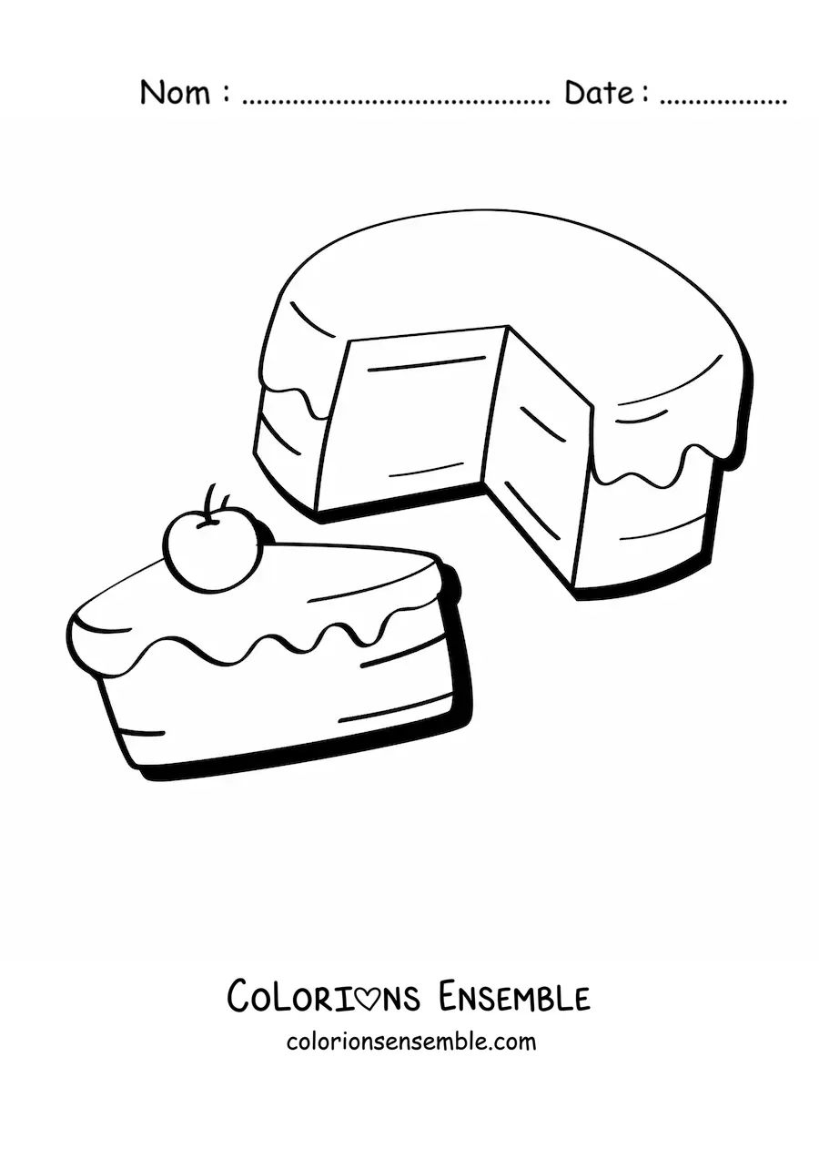 Image à colorier d'un gâteau et d'une part de gâteau avec une cerise