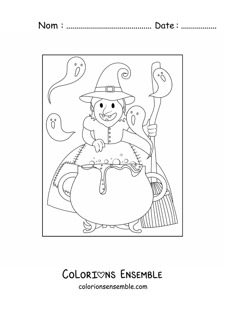 Image a colorier d’une vilaine sorciere preparant une potion