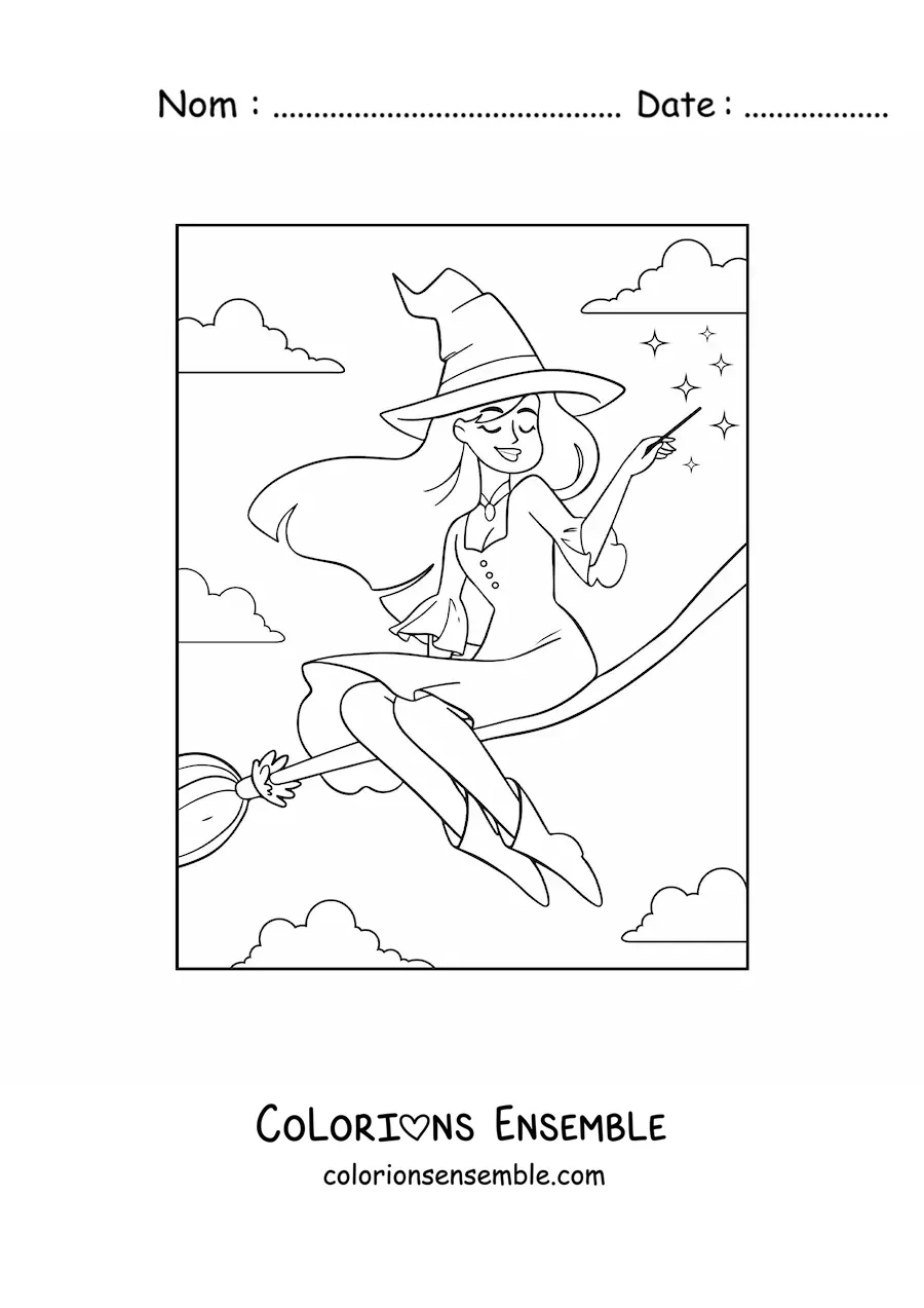 Image a colorier d’une jolie sorciere enchanteresse volant sur un balai