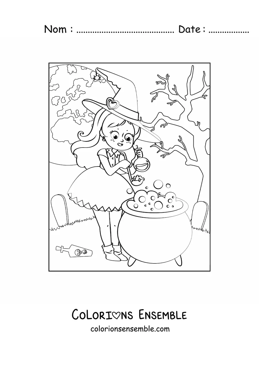 Image a colorier d’une sorciere kawaii preparant une potion sous une pleine lune