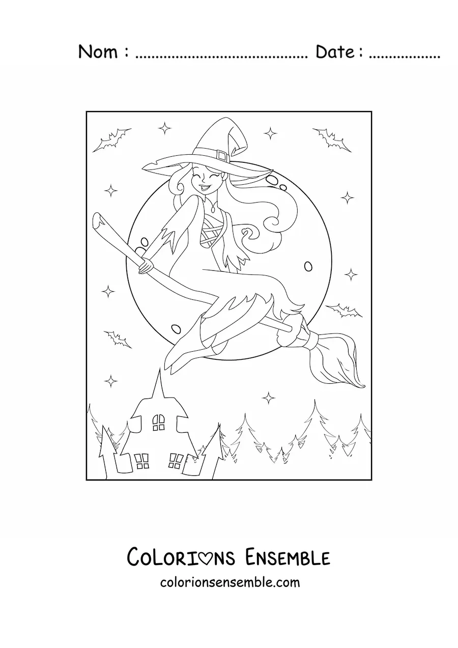 Image a colorier d’une belle sorciere volant sous une pleine lune