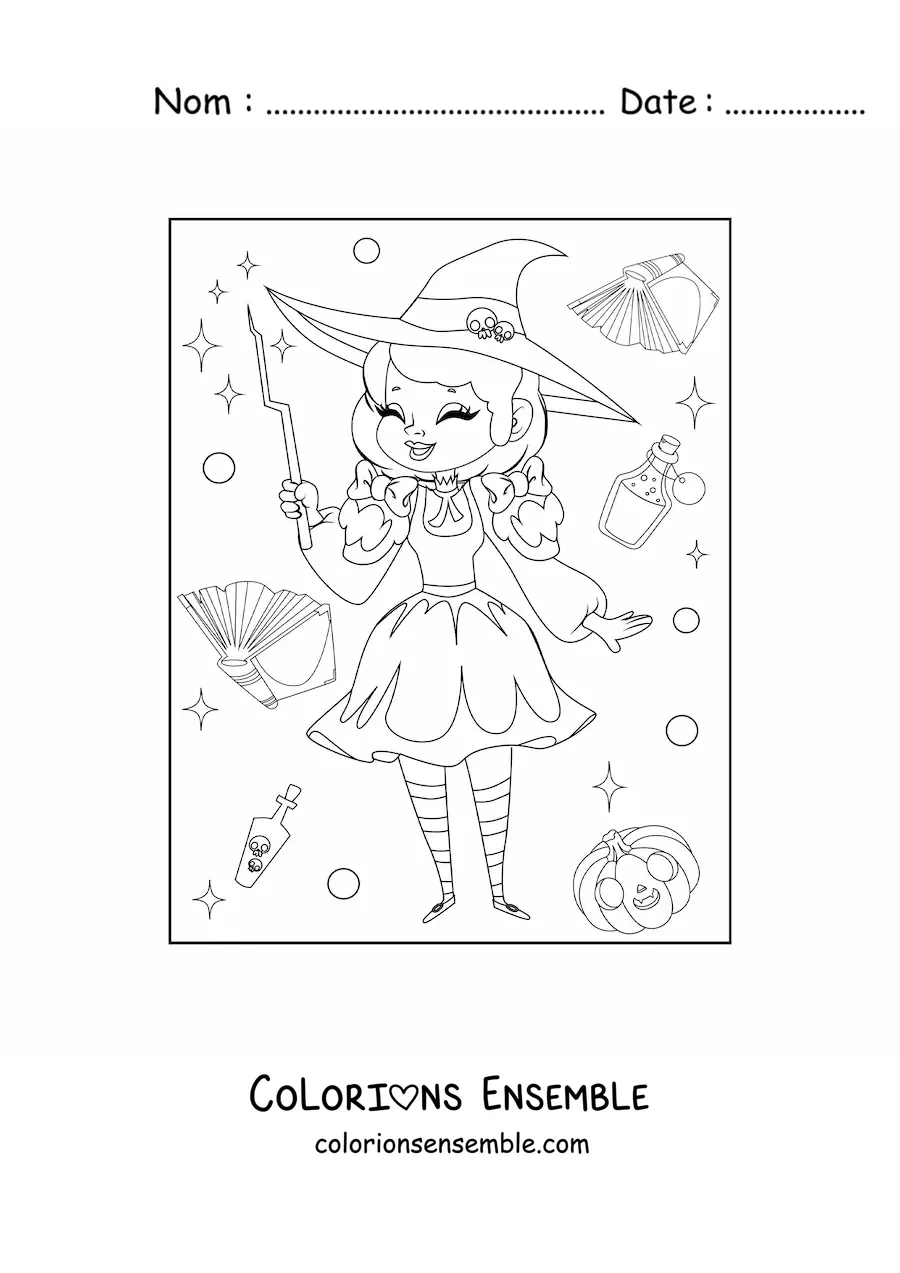 Image a colorier d’une jolie sorciere en dessin anime qui rit