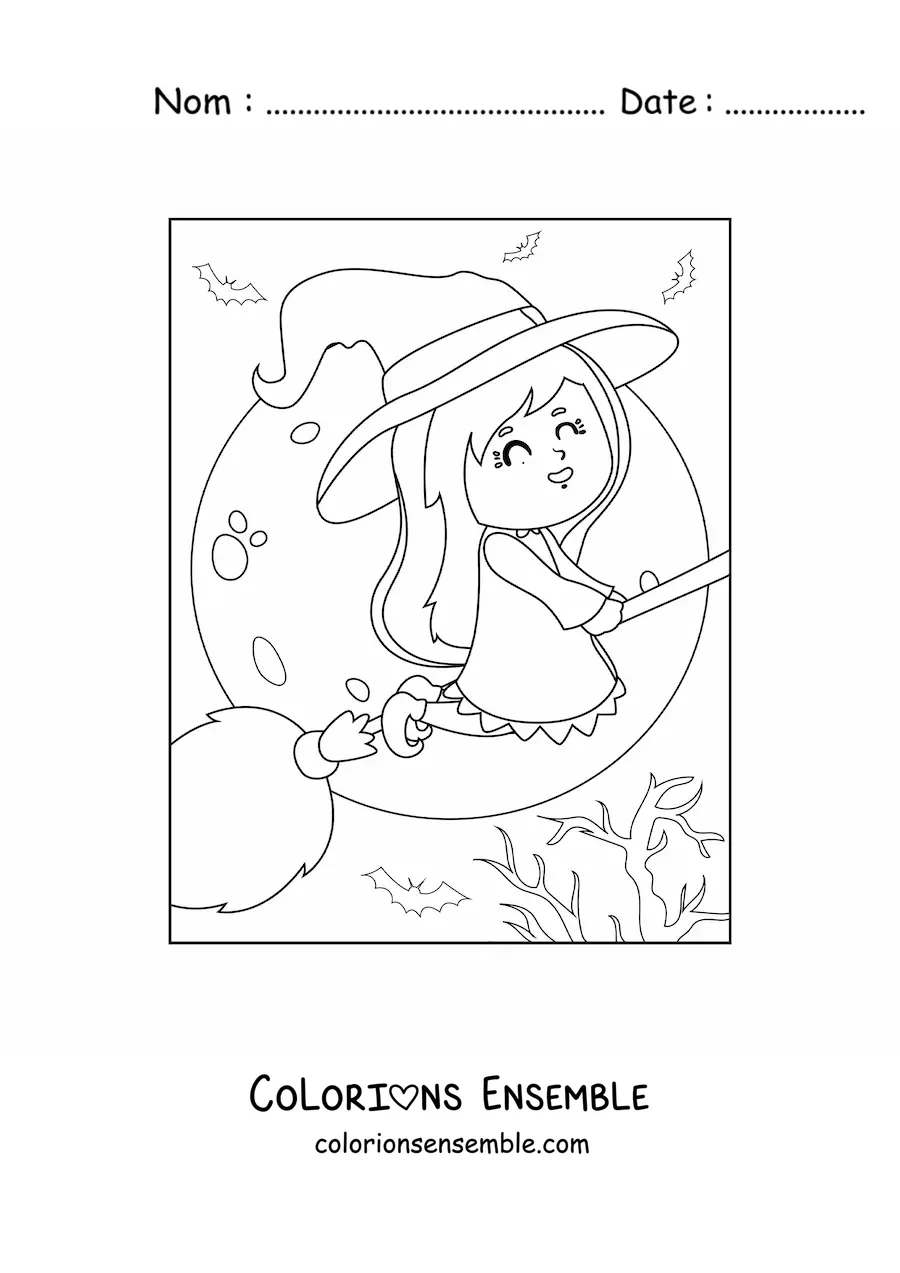 Image a colorier d’une sorciere kawaii volant sous une pleine lune