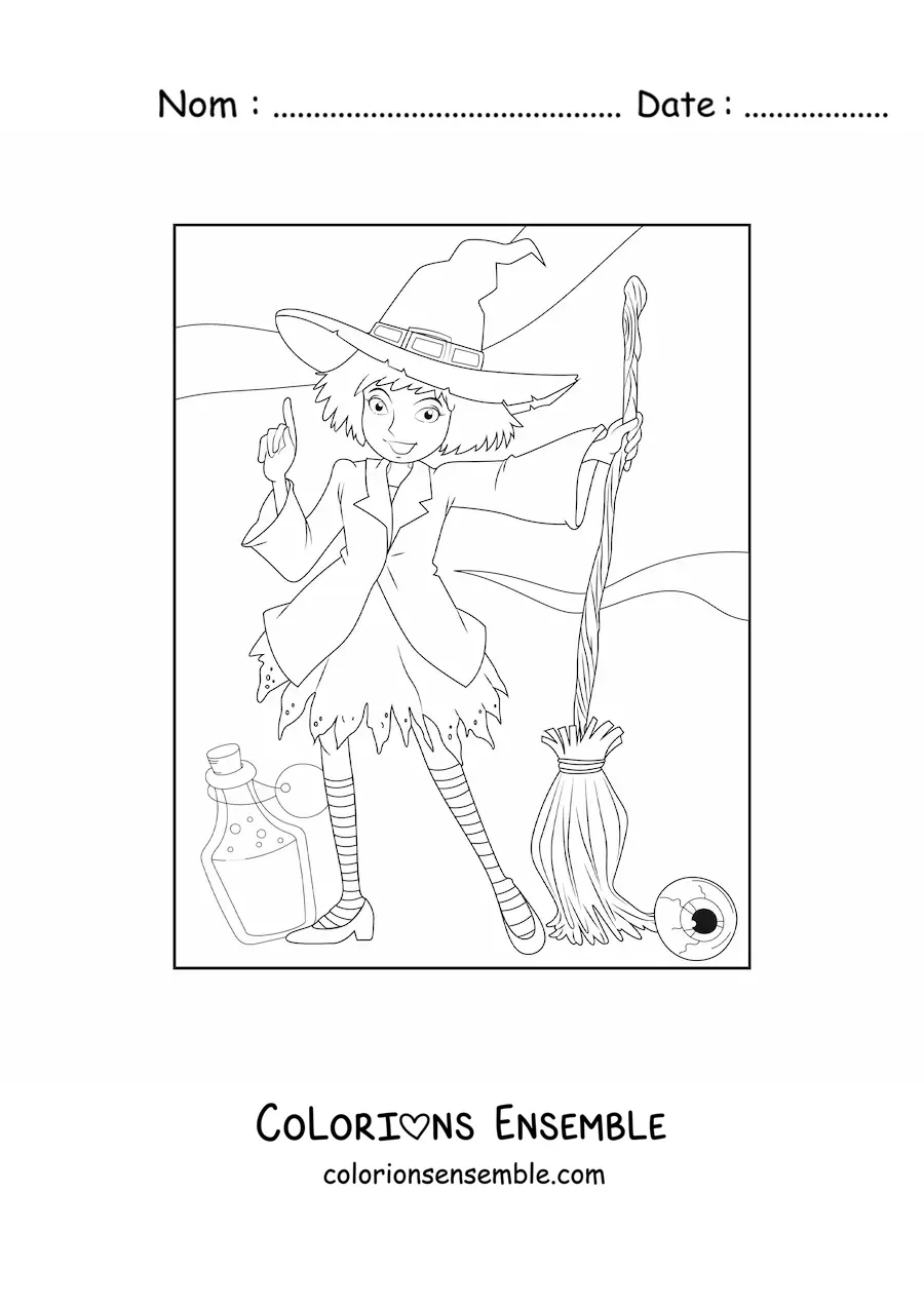Image a colorier d’une petite sorciere en dessin anime avec un balai et une potion