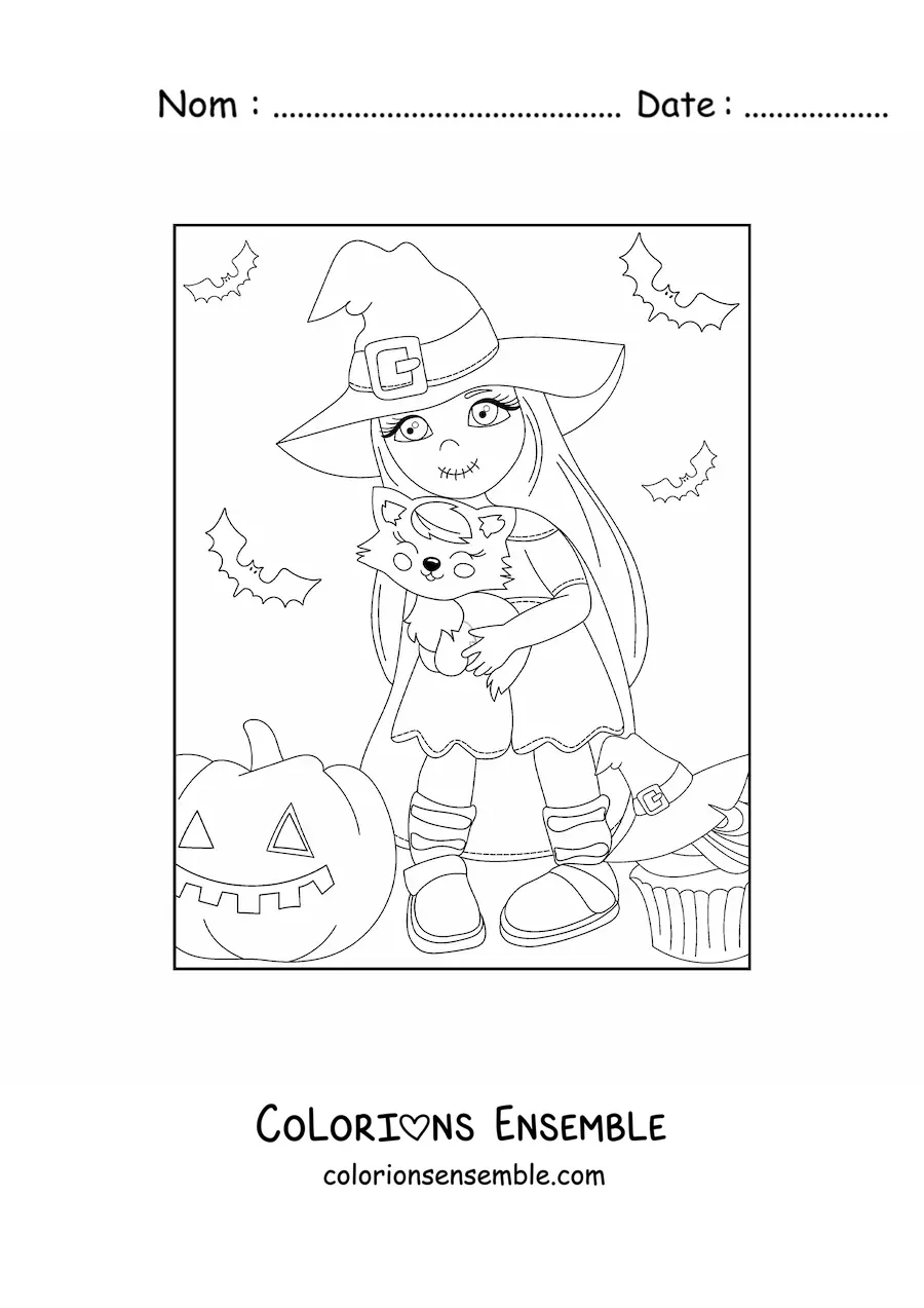 Image a colorier d’une petite sorciere kawaii avec un chat et une citrouille d’Halloween