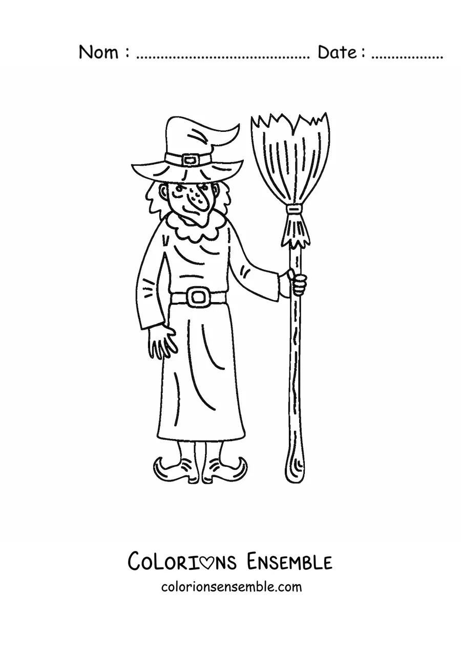 Image a colorier d’une mechante sorciere avec un balai