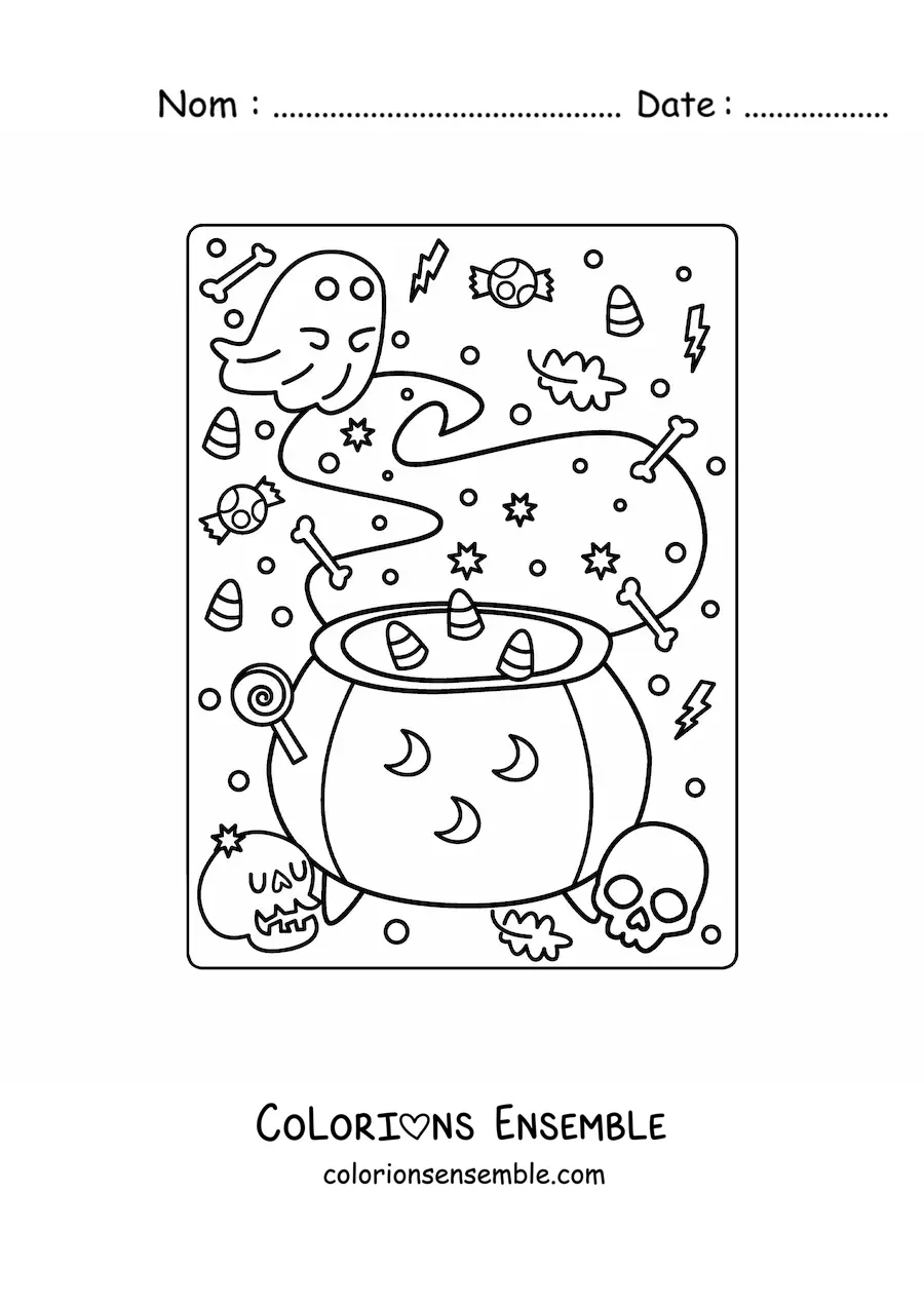 Image a colorier d’un chaudron de sorciere avec un fantome et des bonbons d’Halloween