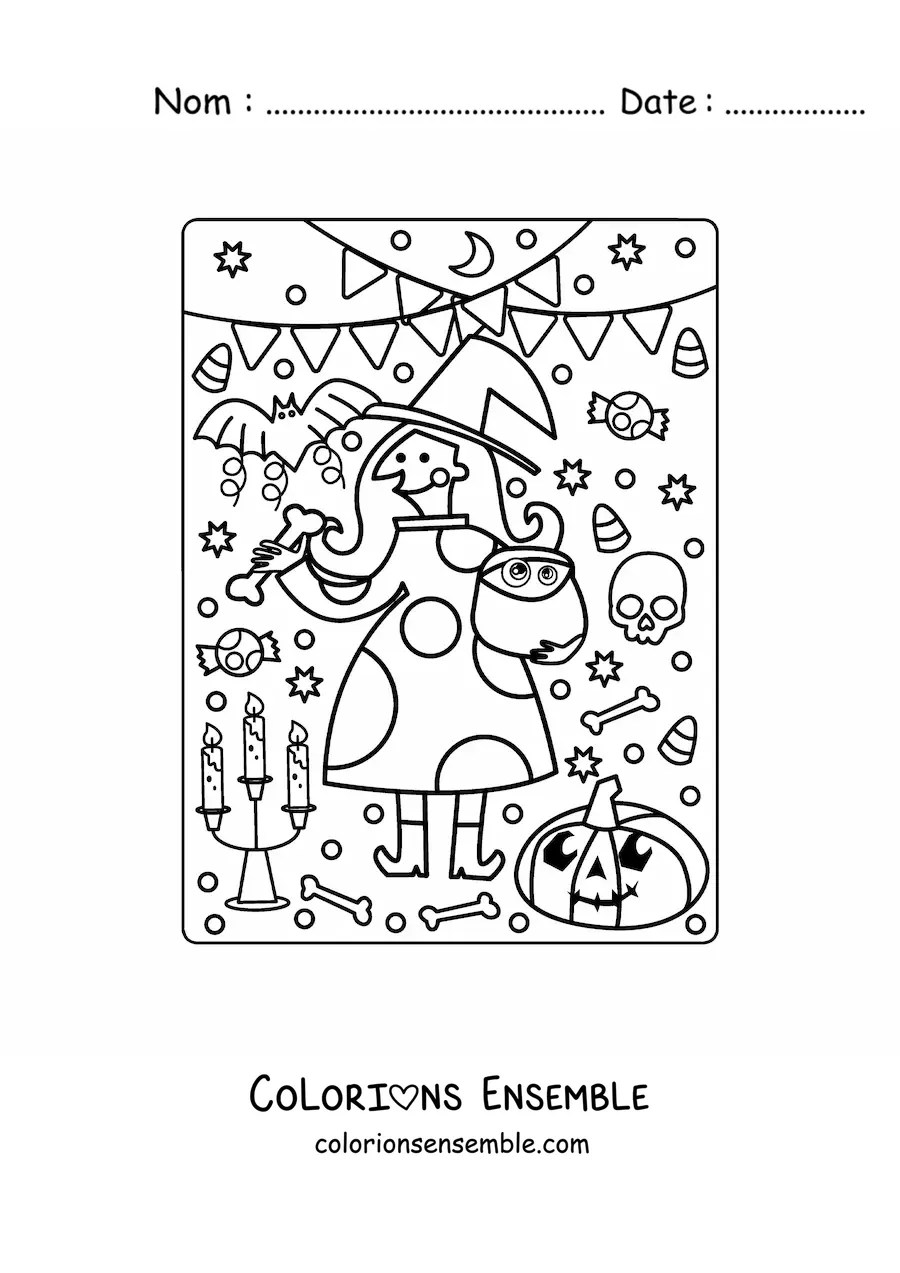 Image a colorier d’une sorciere en dessin anime a une fete d’Halloween
