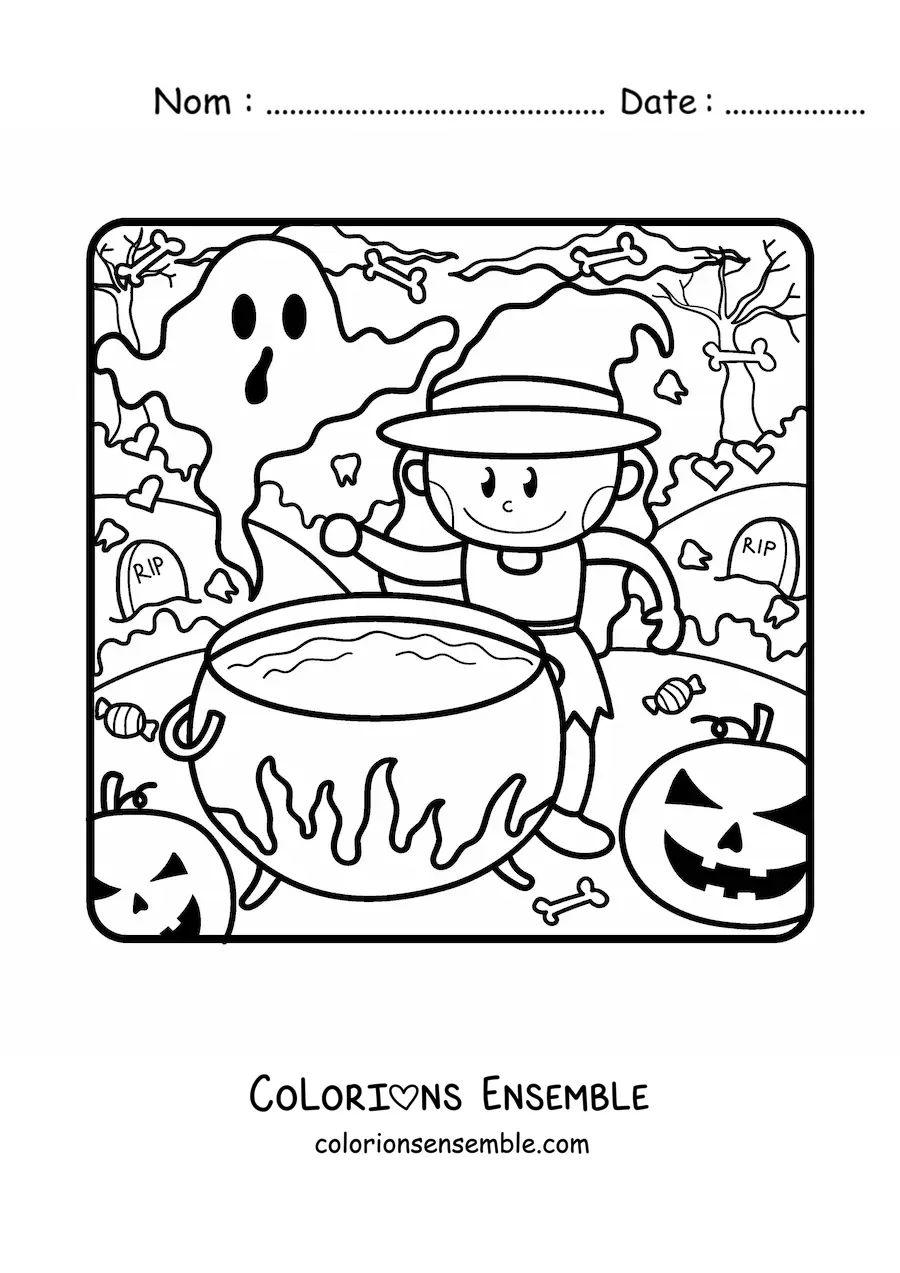 Image a colorier d’une sorciere en dessin anime avec un chaudron et un fantome