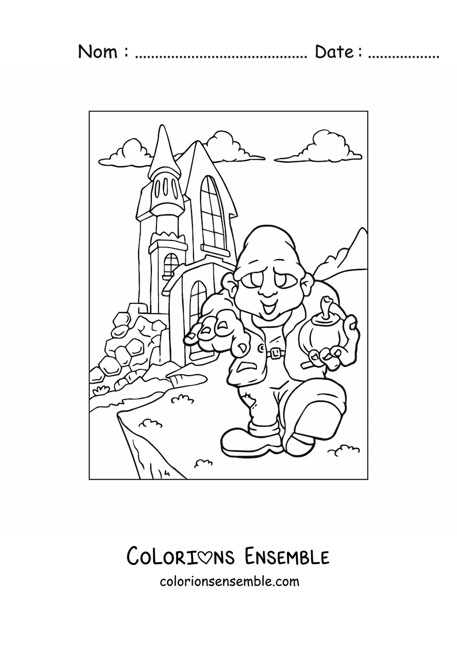 Image a colorier d’un zombie avec une maison hantee d’Halloween