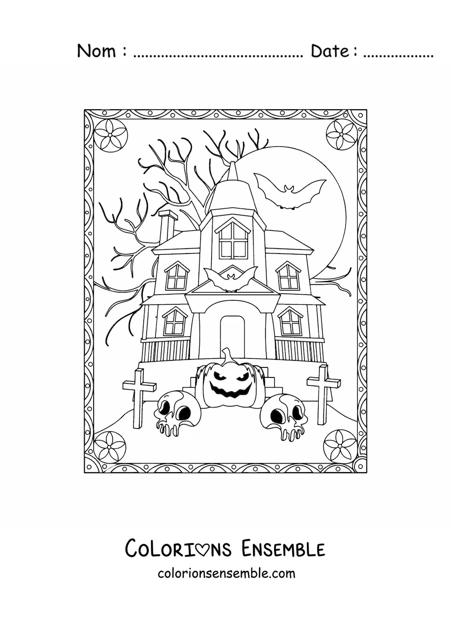 Image a colorier d’une maison hantee d’horreur avec une citrouille d’Halloween