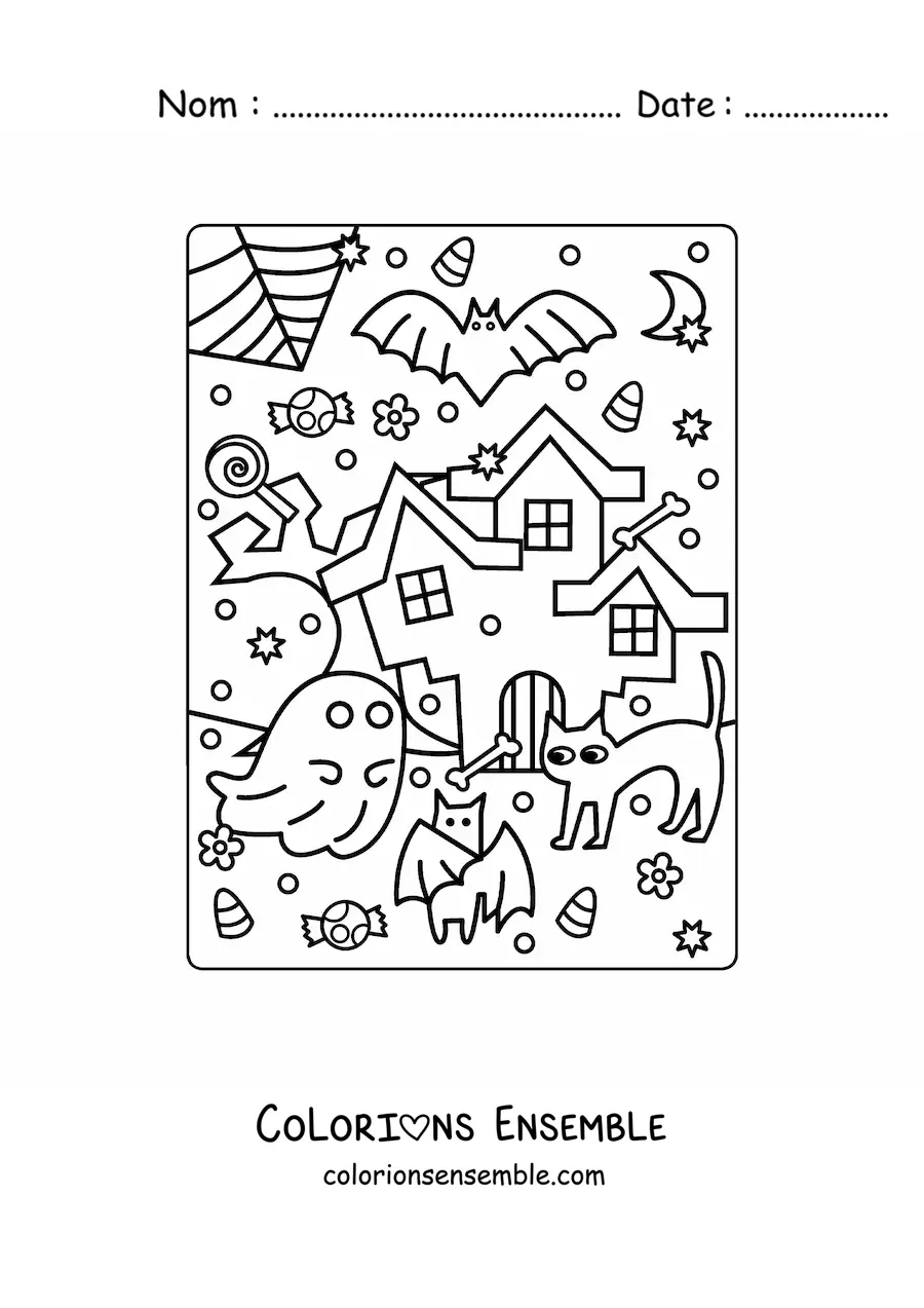 Image a colorier d’une maison hantee kawaii avec un chat et des bonbons d’Halloween