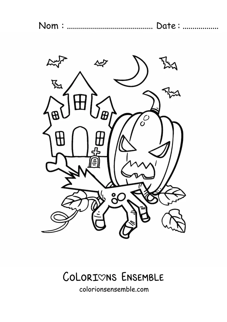 Image a colorier d’une grande maison hantee avec une citrouille d’Halloween et des chauves-souris