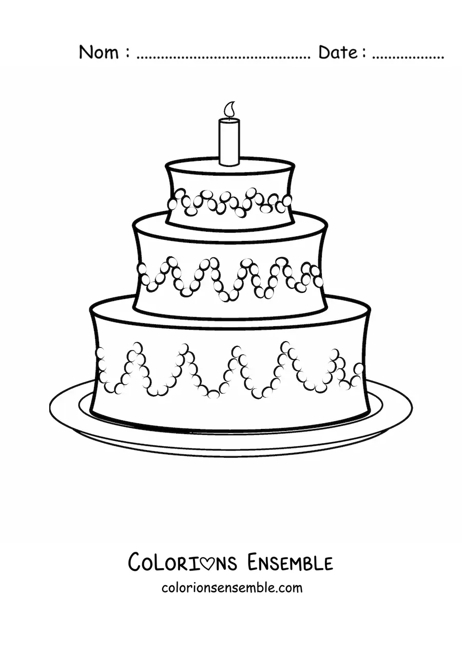 Image à colorier d'un gâteau d'anniversaire à trois étages