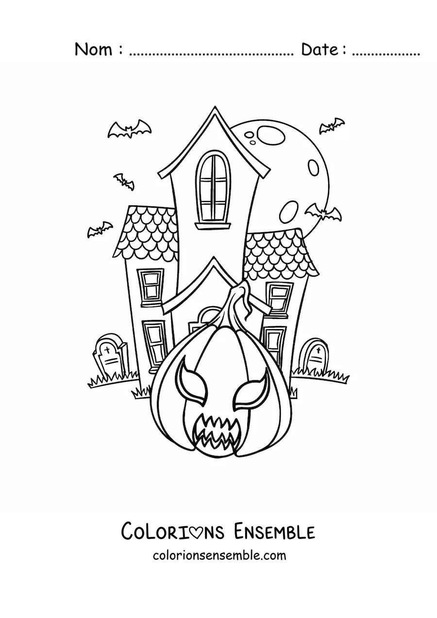 Image à colorier d’une grande maison hantée avec une citrouille d’Halloween et des tombes