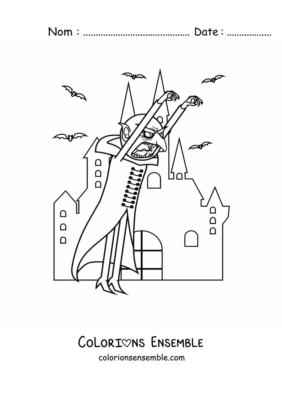 Image à colorier d’un monstre avec un château hanté d’Halloween