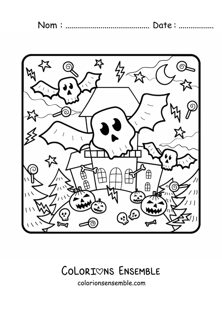 Image à colorier d’un manoir hanté avec des monstres et des citrouilles d’Halloween
