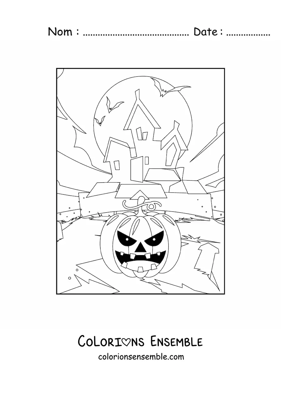 Image à colorier d’une citrouille d’Halloween terrifiante avec un manoir hanté